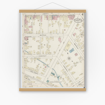 Old map wall art mockup — magnetic wood frame on white wall — Sanborn Fire Insurance Map from Franklin, Venango County, Pennsylvania (1888), Sheet #0004