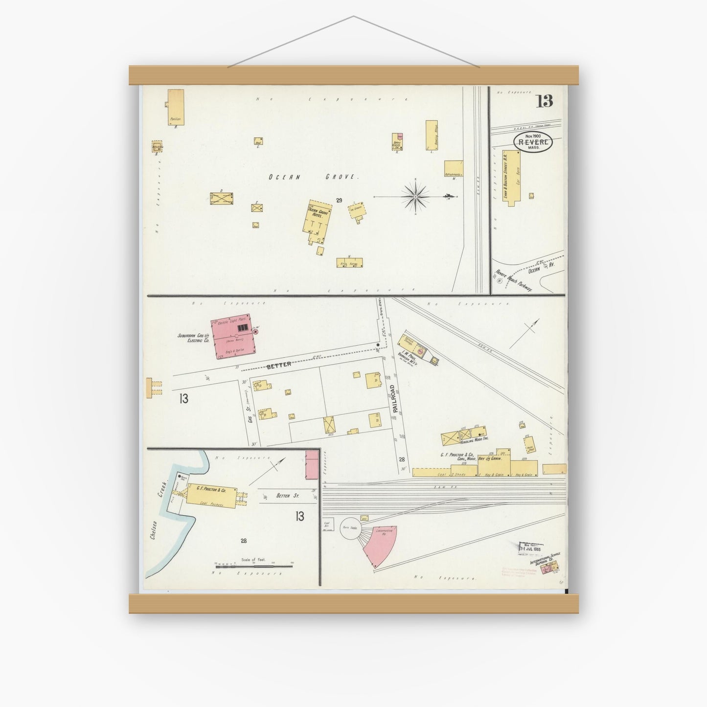 Old map wall art mockup — magnetic wood frame on white wall — Sanborn Fire Insurance Map from Revere, Suffolk County, Massachusetts (1900), Sheet #0013