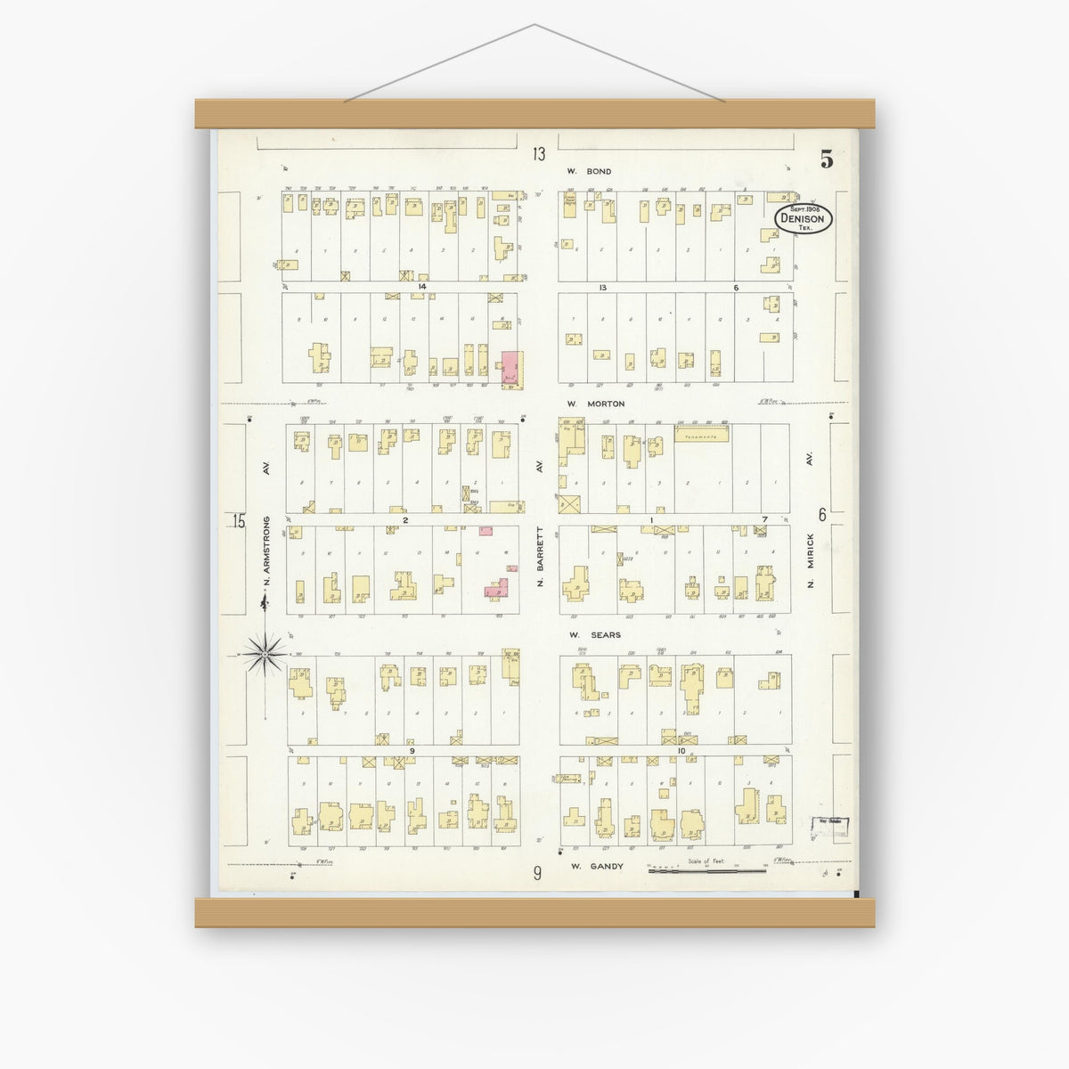Old map wall art mockup — magnetic wood frame on white wall — Sanborn Fire Insurance Map from Denison, Grayson County, Texas (1908), Sheet #0005
