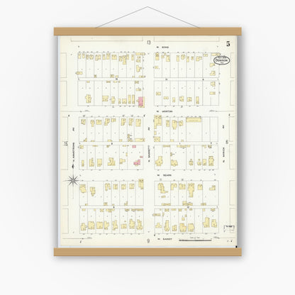 Old map wall art mockup — magnetic wood frame on white wall — Sanborn Fire Insurance Map from Denison, Grayson County, Texas (1908), Sheet #0005