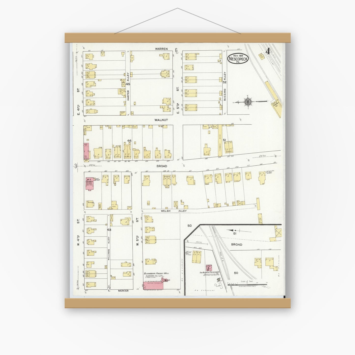 Old map wall art mockup — magnetic wood frame on white wall — Sanborn Fire Insurance Map from Nescopeck, Luzerne County, Pennsylvania (1919), Sheet #0004