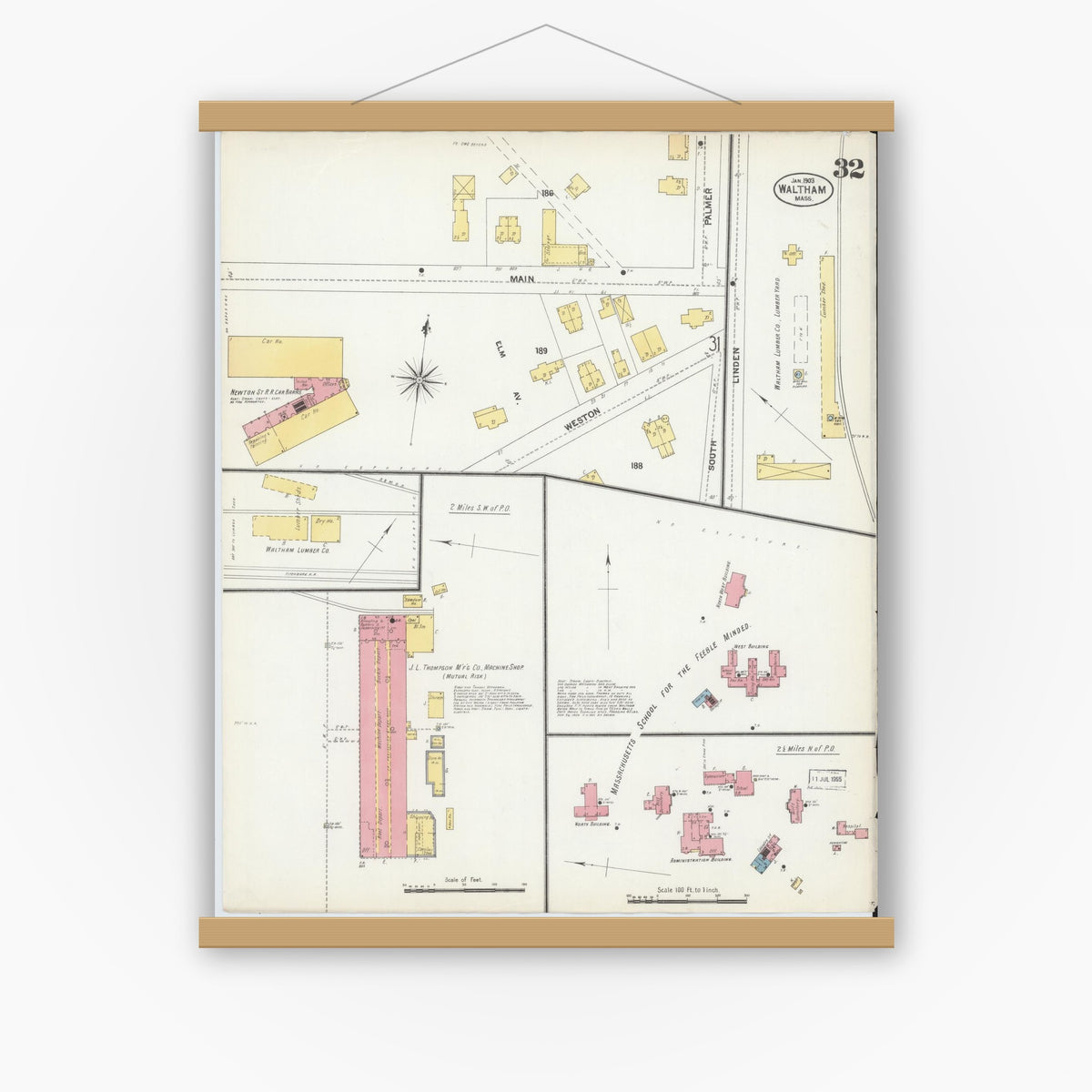 Old map wall art mockup — magnetic wood frame on white wall — Sanborn Fire Insurance Map from Waltham, Middlesex County, Massachusetts (1903), Sheet #0032