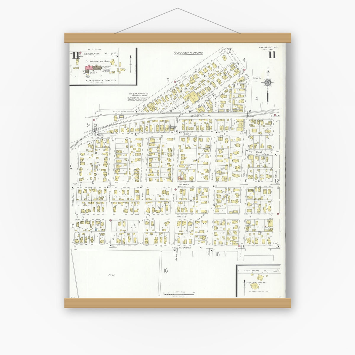 Old map wall art mockup — magnetic wood frame on white wall — Sanborn Fire Insurance Map from Marinette, Marinette County, Wisconsin (1935), Sheet #0011