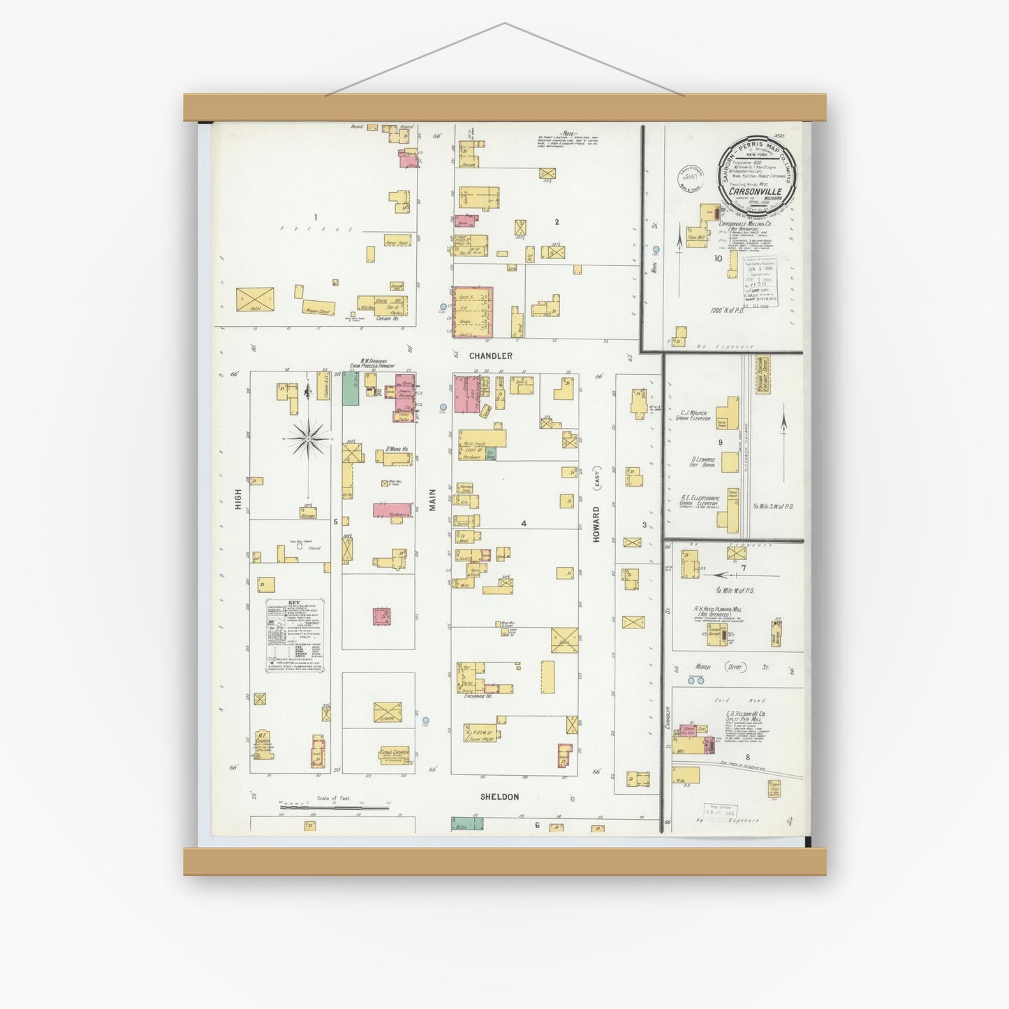 Old map wall art mockup — magnetic wood frame on white wall — Sanborn Fire Insurance Map from Carsonville, Sanilac County, Michigan (1900), Sheet #0001