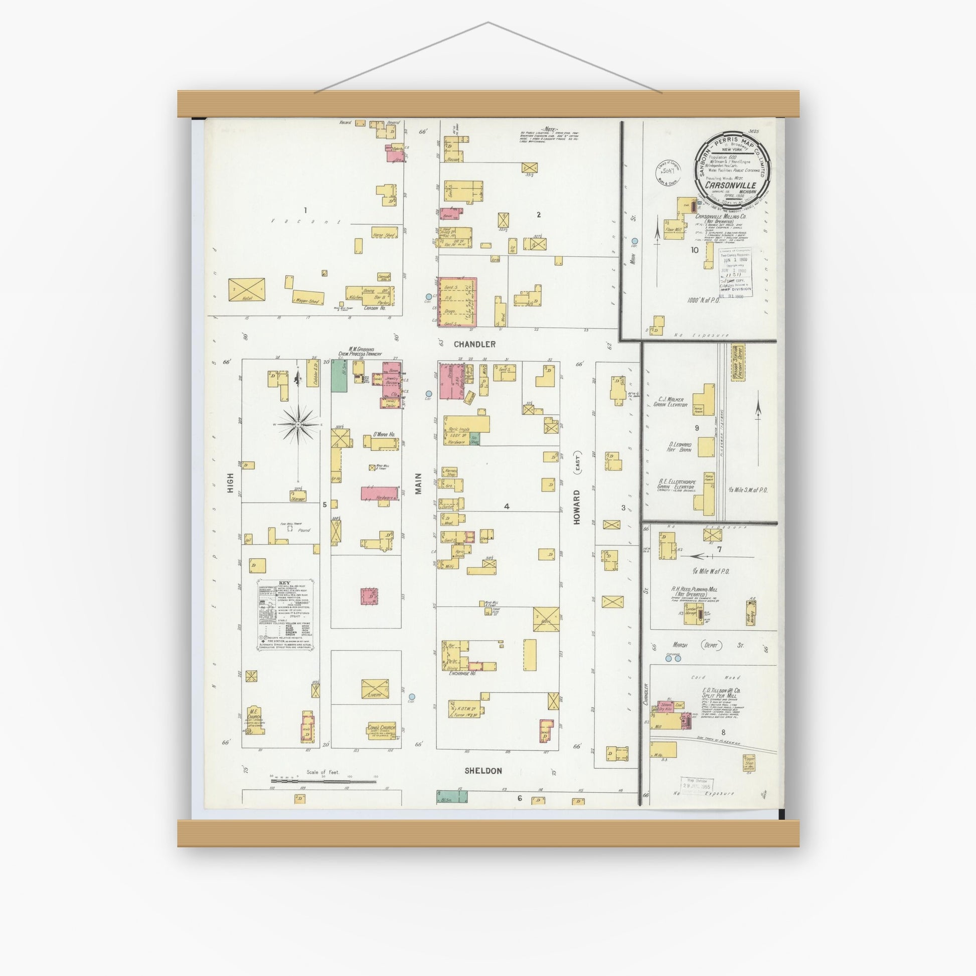 Old map wall art mockup — magnetic wood frame on white wall — Sanborn Fire Insurance Map from Carsonville, Sanilac County, Michigan (1900), Sheet #0001