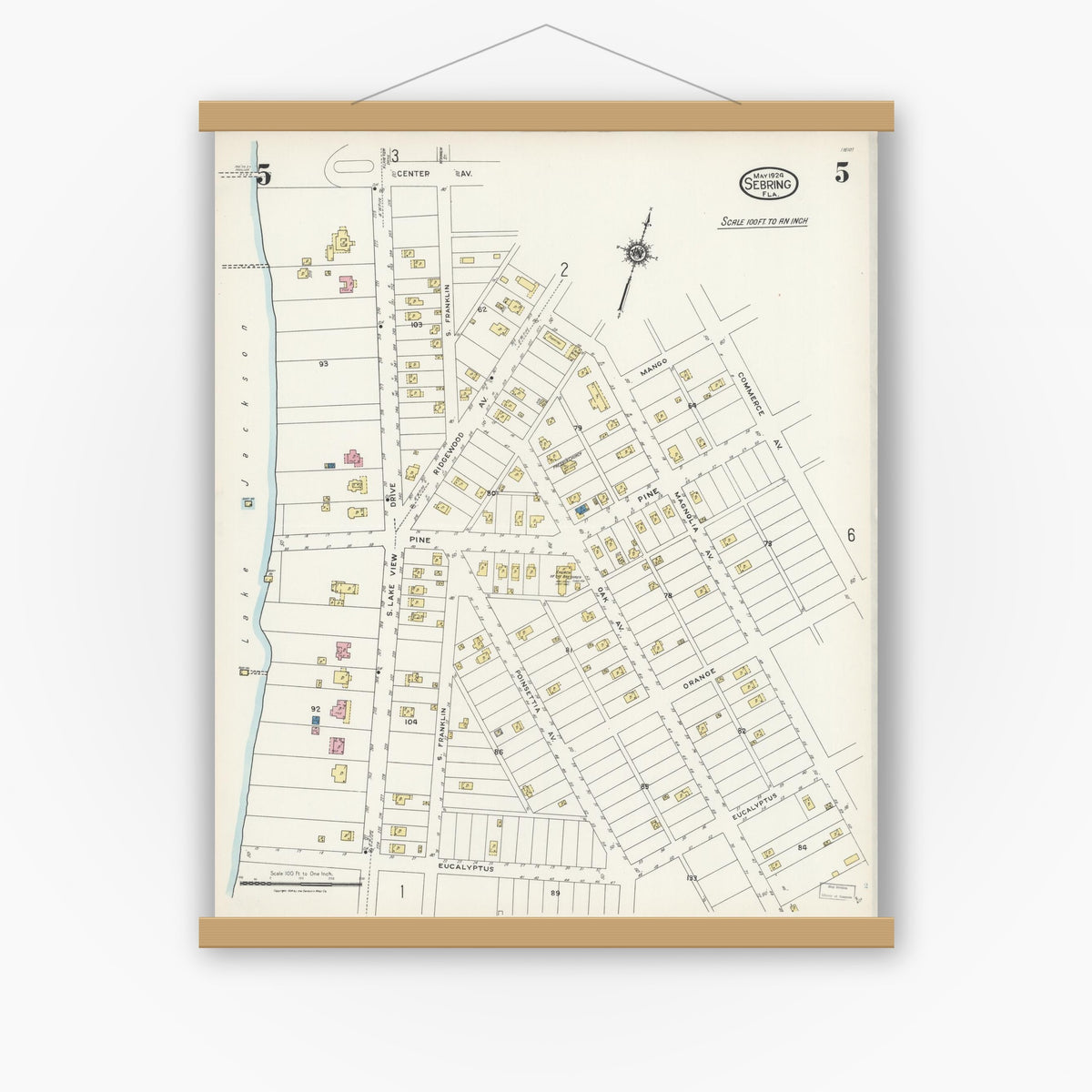 Old map wall art mockup — magnetic wood frame on white wall — Sanborn Fire Insurance Map from Sebring, Highlands County, Florida (1924), Sheet #0005