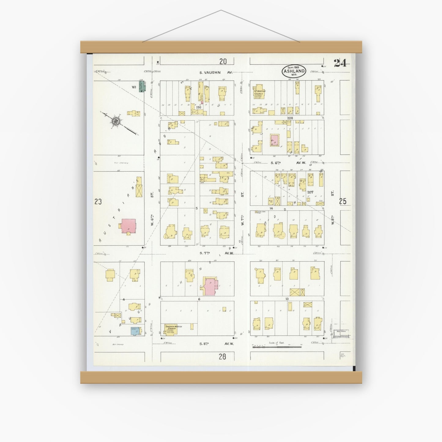 Old map wall art mockup — magnetic wood frame on white wall — Sanborn Fire Insurance Map from Ashland, Ashland County, Wisconsin (1909), Sheet #0024