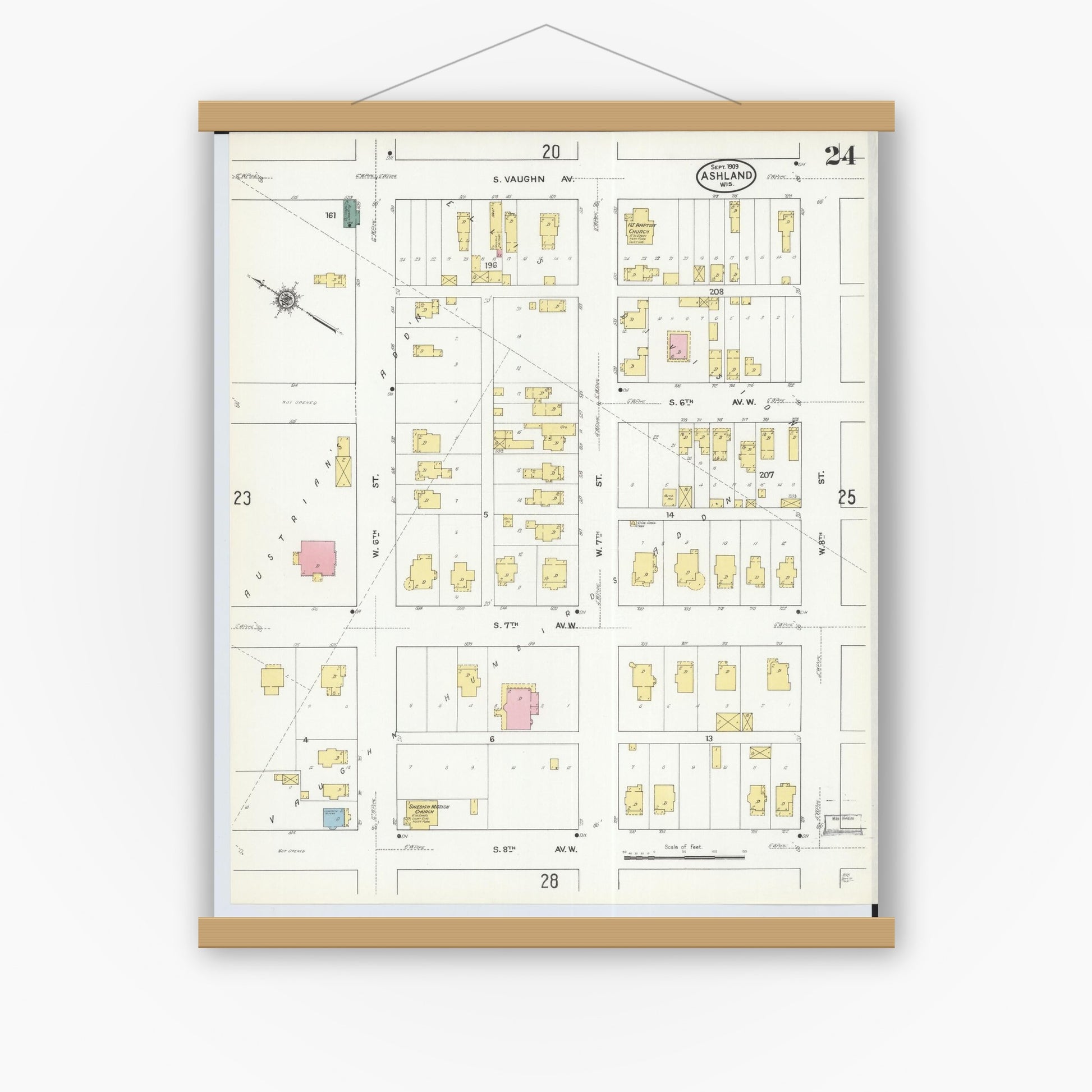 Old map wall art mockup — magnetic wood frame on white wall — Sanborn Fire Insurance Map from Ashland, Ashland County, Wisconsin (1909), Sheet #0024