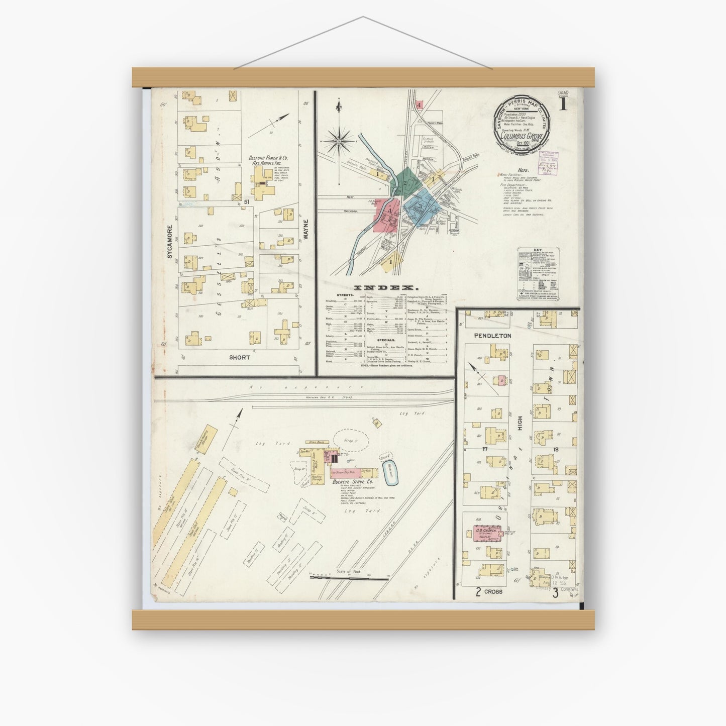 Old map wall art mockup — magnetic wood frame on white wall — Sanborn Fire Insurance Map from Columbus Grove, Putnam County, Ohio (1901) - Complete Map Set