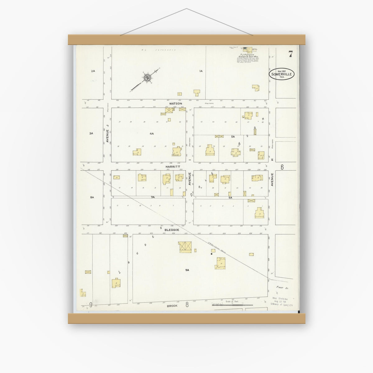 Old map wall art mockup — magnetic wood frame on white wall — Sanborn Fire Insurance Map from Somerville, Burleson County, Texas (1910), Sheet #0007