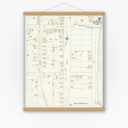 Old map wall art mockup — magnetic wood frame on white wall — Sanborn Fire Insurance Map from Franklin, Venango County, Pennsylvania (1912), Sheet #0018