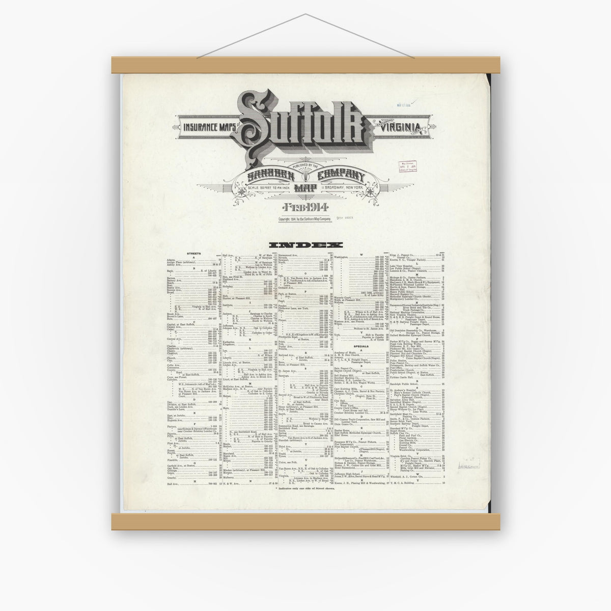 Old map wall art mockup — magnetic wood frame on white wall — Sanborn Fire Insurance Map from Suffolk, Independent Cities, Virginia (1914), Sheet #0001