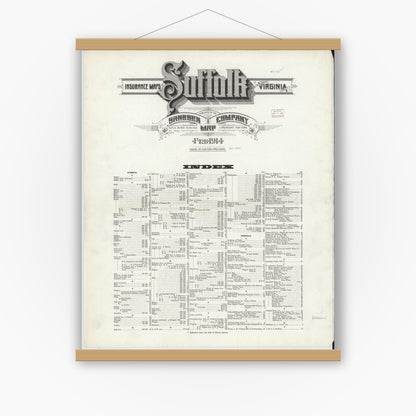 Old map wall art mockup — magnetic wood frame on white wall — Sanborn Fire Insurance Map from Suffolk, Independent Cities, Virginia (1914), Sheet #0001