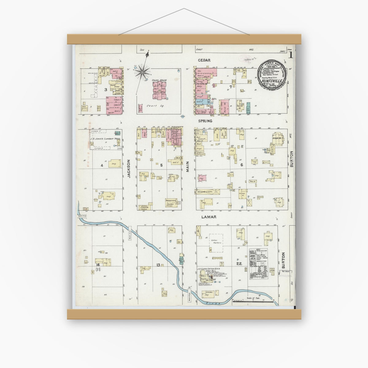 Old map wall art mockup — magnetic wood frame on white wall — Sanborn Fire Insurance Map from Huntsville, Walker County, Texas (1891) - Complete Map Set