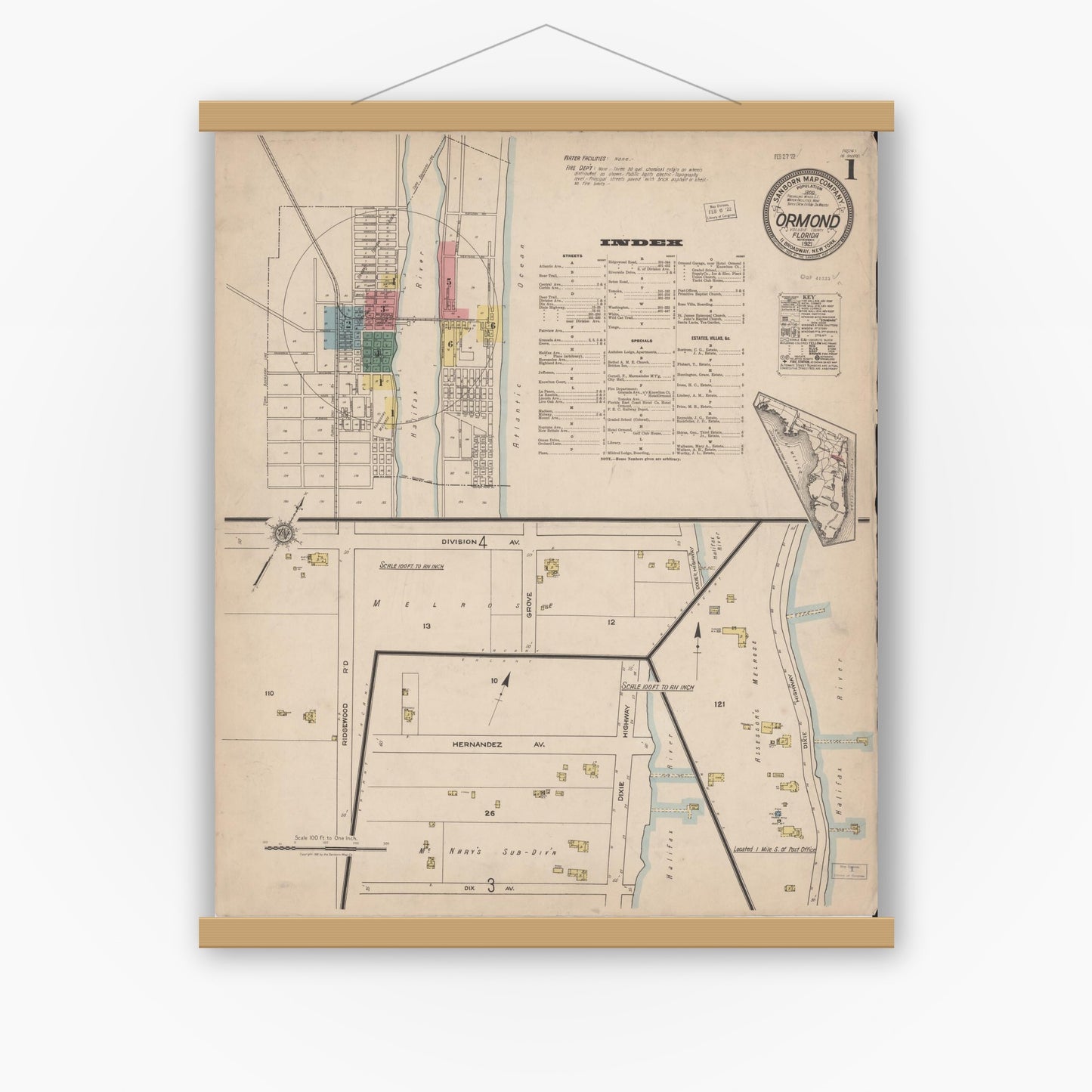 Old map wall art mockup — magnetic wood frame on white wall — Sanborn Fire Insurance Map from Ormond, Volusia County, Florida (1921) - Complete Map Set