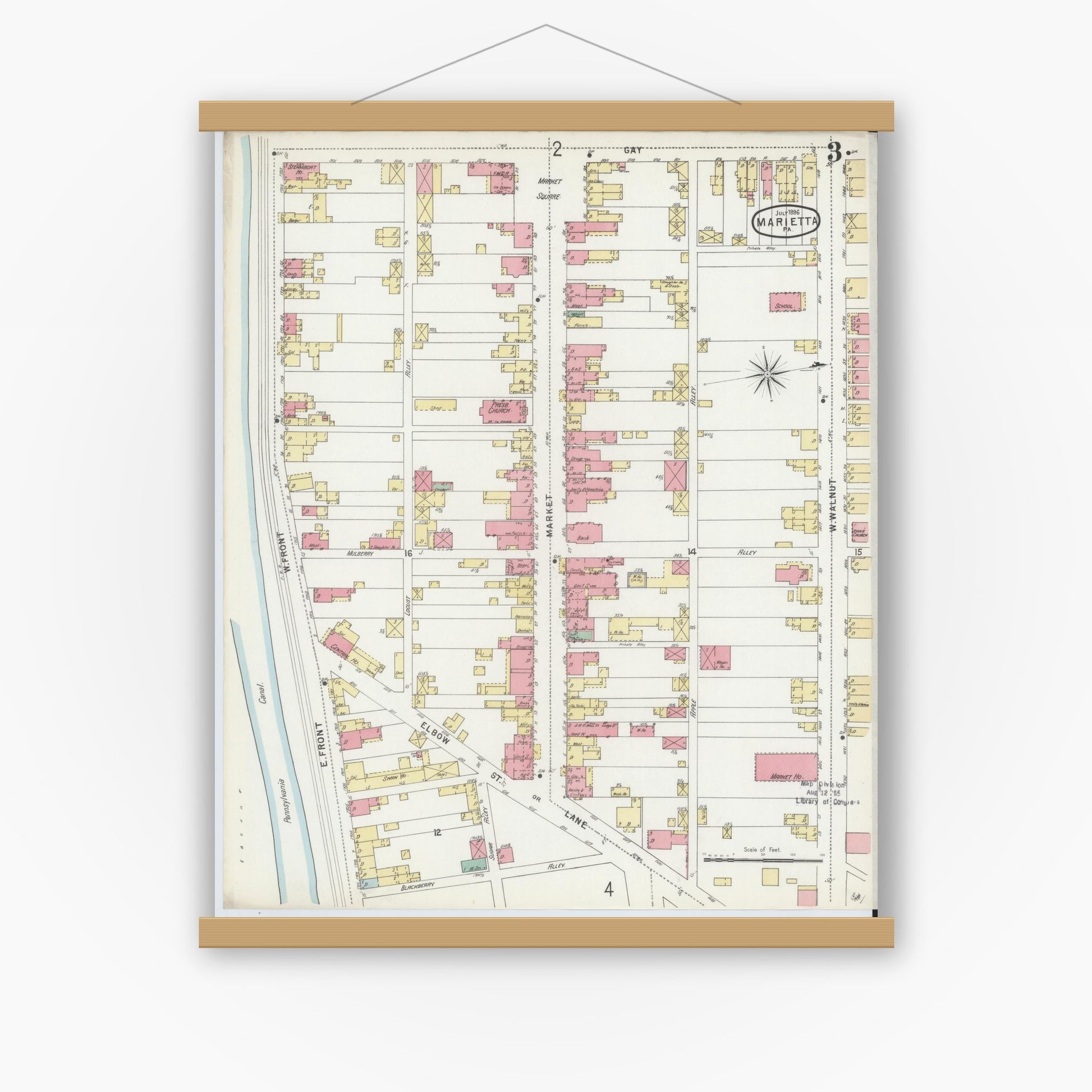 Old map wall art mockup — magnetic wood frame on white wall — Sanborn Fire Insurance Map from Marietta, Lancaster County, Pennsylvania (1896), Sheet #0003