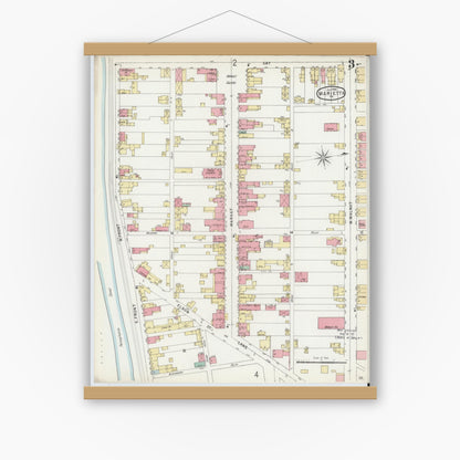 Old map wall art mockup — magnetic wood frame on white wall — Sanborn Fire Insurance Map from Marietta, Lancaster County, Pennsylvania (1896), Sheet #0003