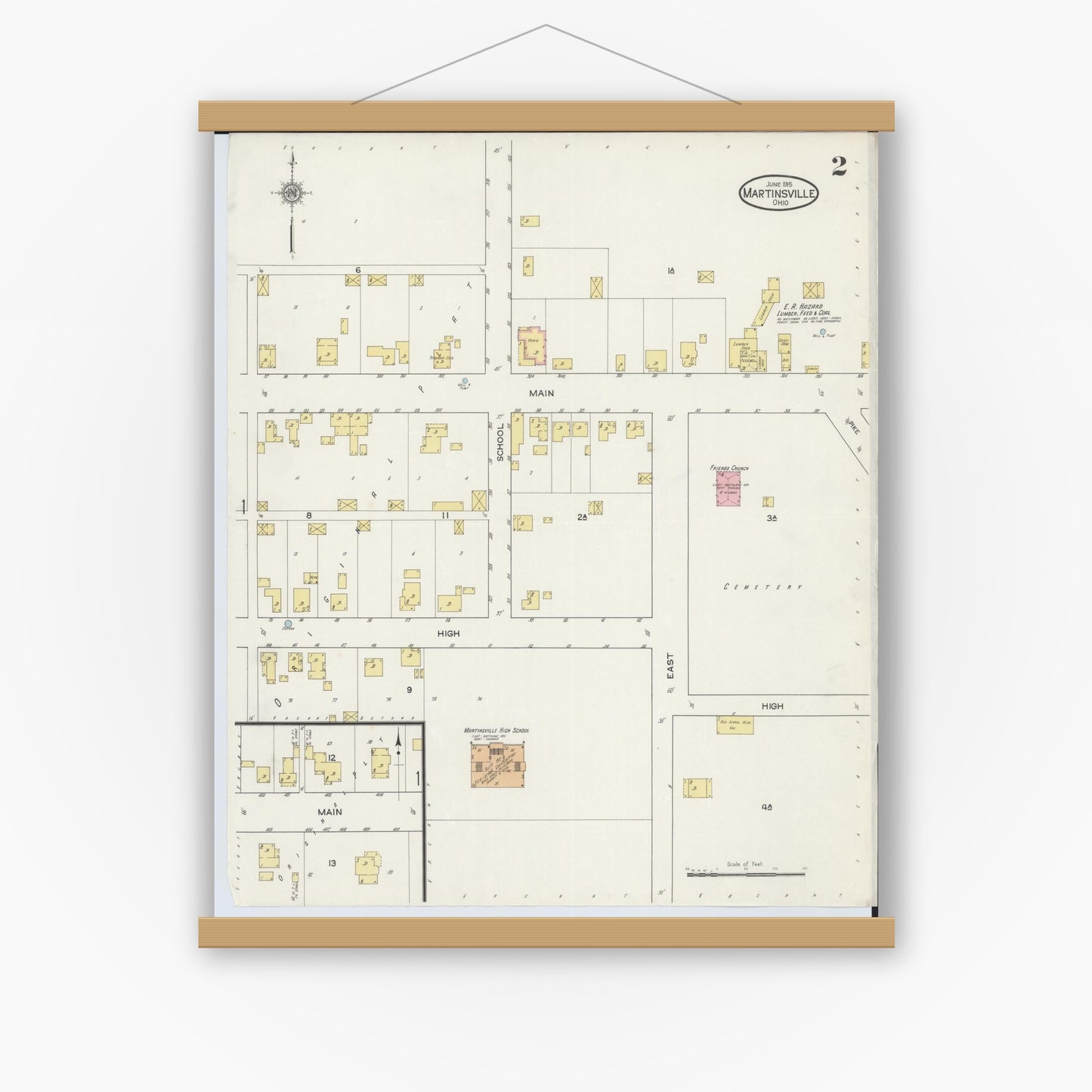 Old map wall art mockup — magnetic wood frame on white wall — Sanborn Fire Insurance Map from Martinsville, Clinton County, Ohio (1915), Sheet #0002