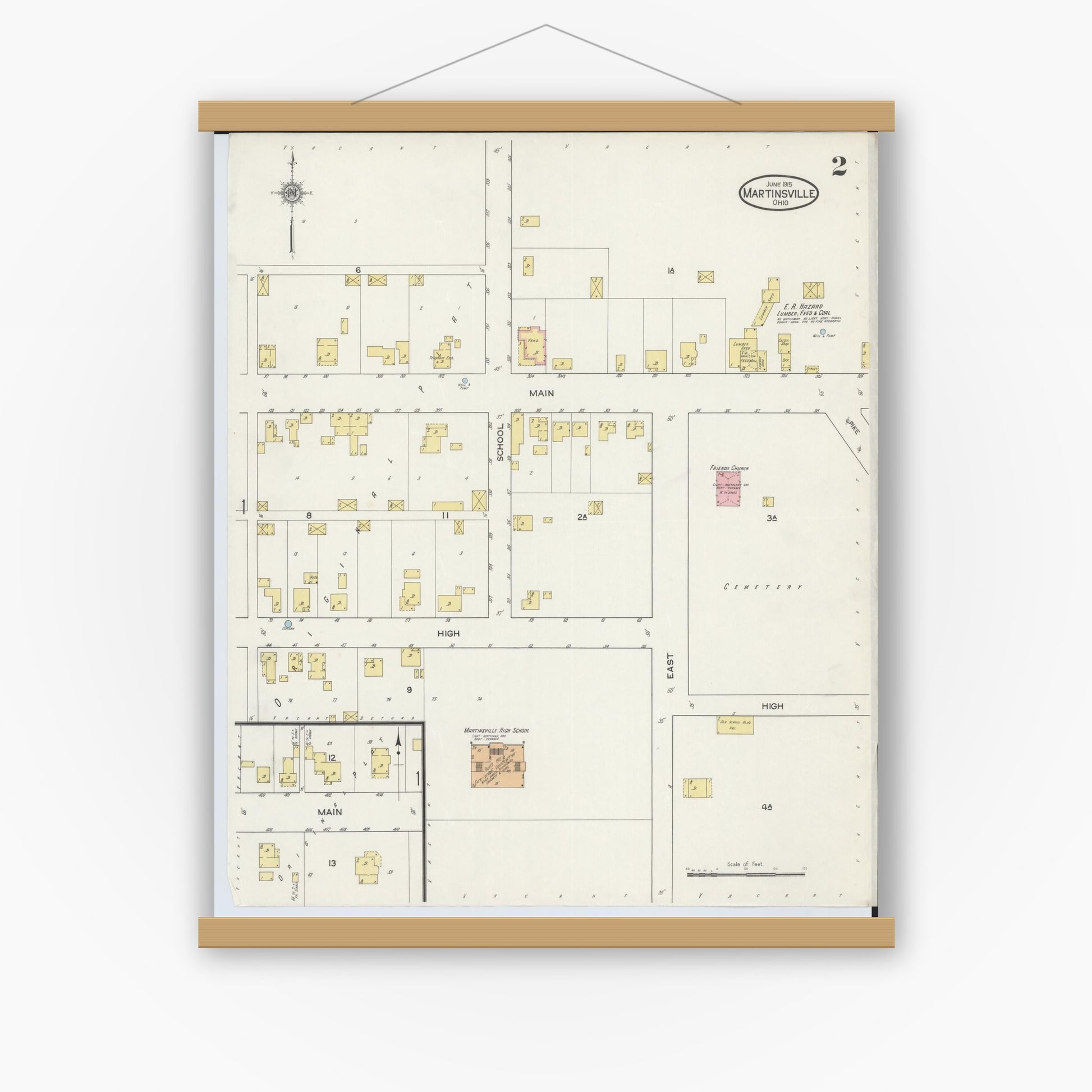 Old map wall art mockup — magnetic wood frame on white wall — Sanborn Fire Insurance Map from Martinsville, Clinton County, Ohio (1915), Sheet #0002