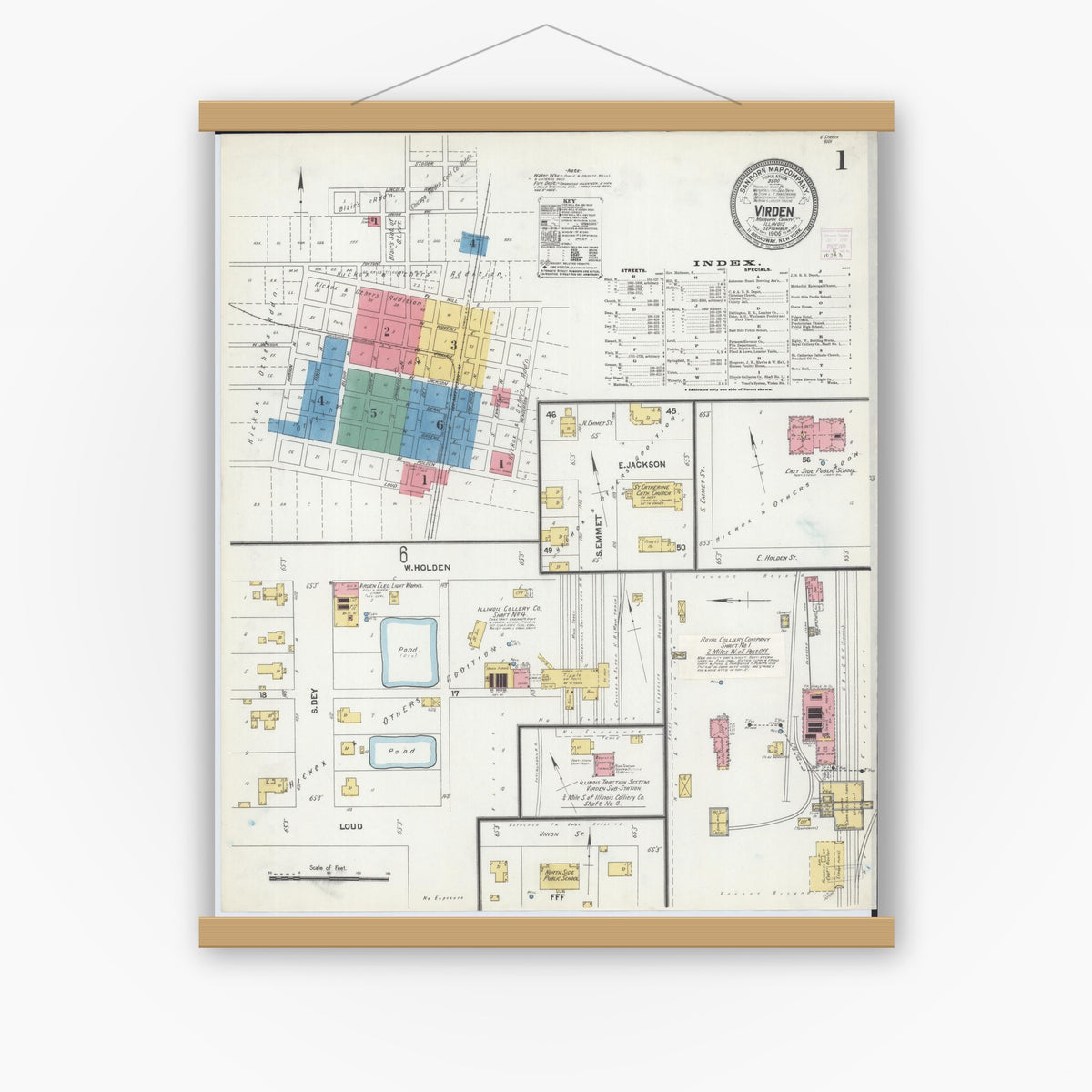 Old map wall art mockup — magnetic wood frame on white wall — Sanborn Fire Insurance Map from Virden, Macoupin County, Illinois (1906) - Complete Map Set
