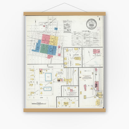 Old map wall art mockup — magnetic wood frame on white wall — Sanborn Fire Insurance Map from Virden, Macoupin County, Illinois (1906) - Complete Map Set