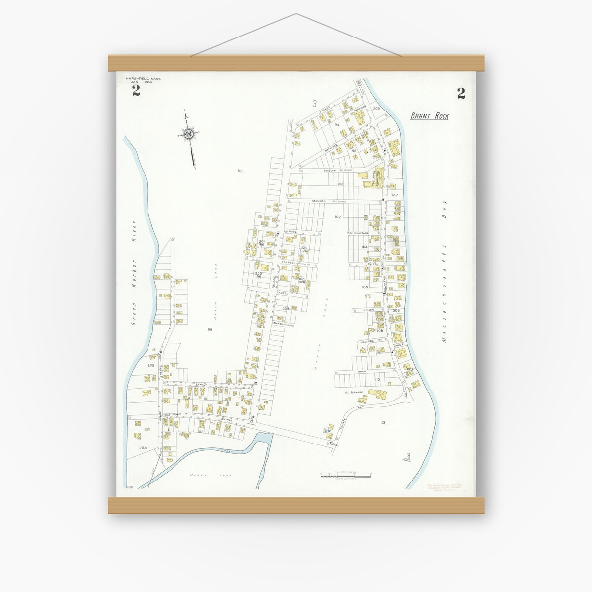 Old map wall art mockup — magnetic wood frame on white wall — Sanborn Fire Insurance Map from Marshfield, Plymouth County, Massachusetts (1933), Sheet #0002