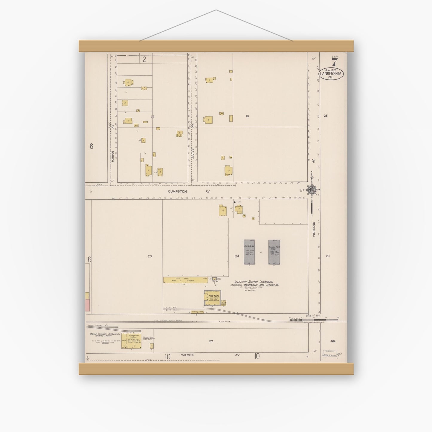Old map wall art mockup — magnetic wood frame on white wall — Sanborn Fire Insurance Map from Lankershim, Los Angeles County, California (1922), Sheet #0007