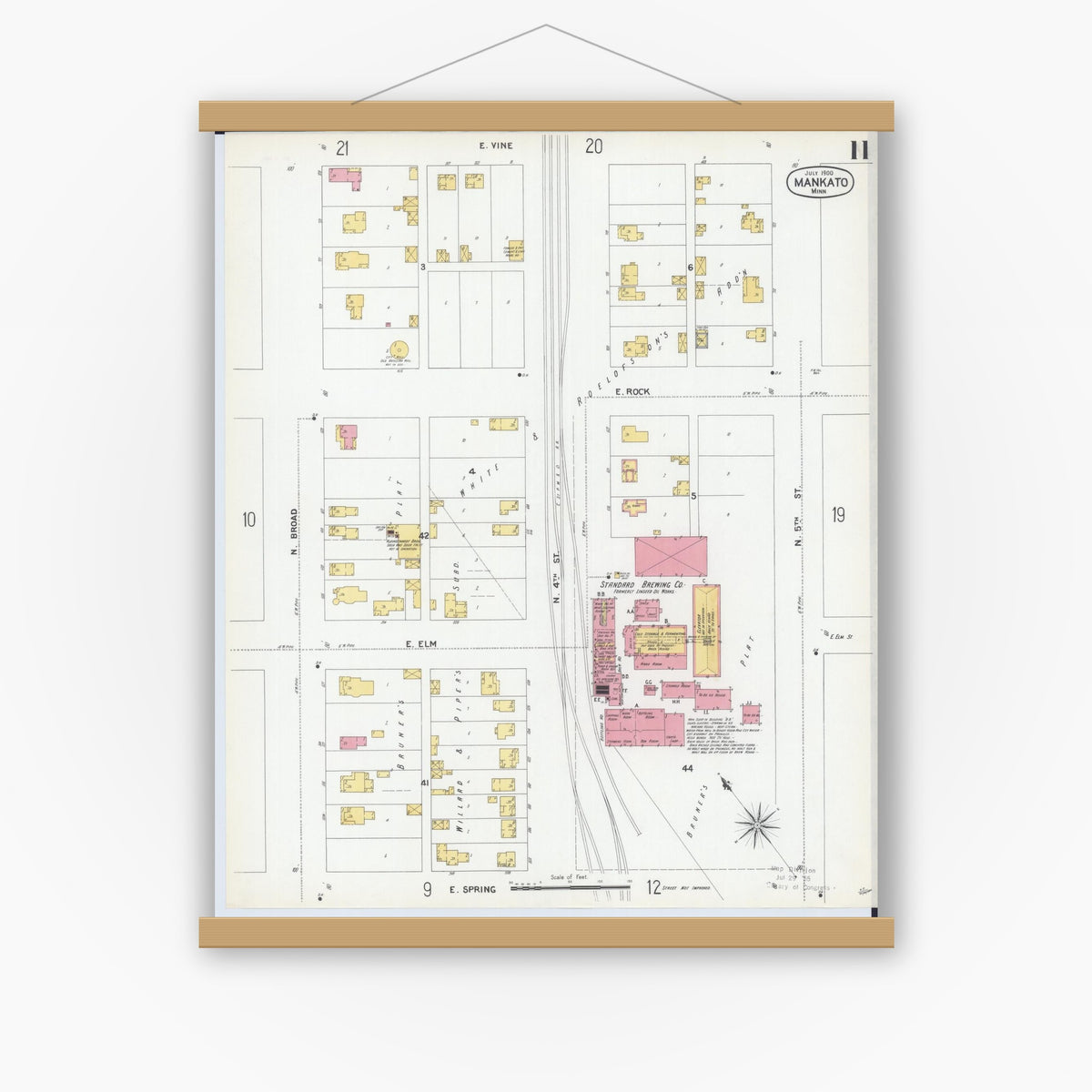 Old map wall art mockup — magnetic wood frame on white wall — Sanborn Fire Insurance Map from Mankato, Blue Earth County, Minnesota (1900), Sheet #0011