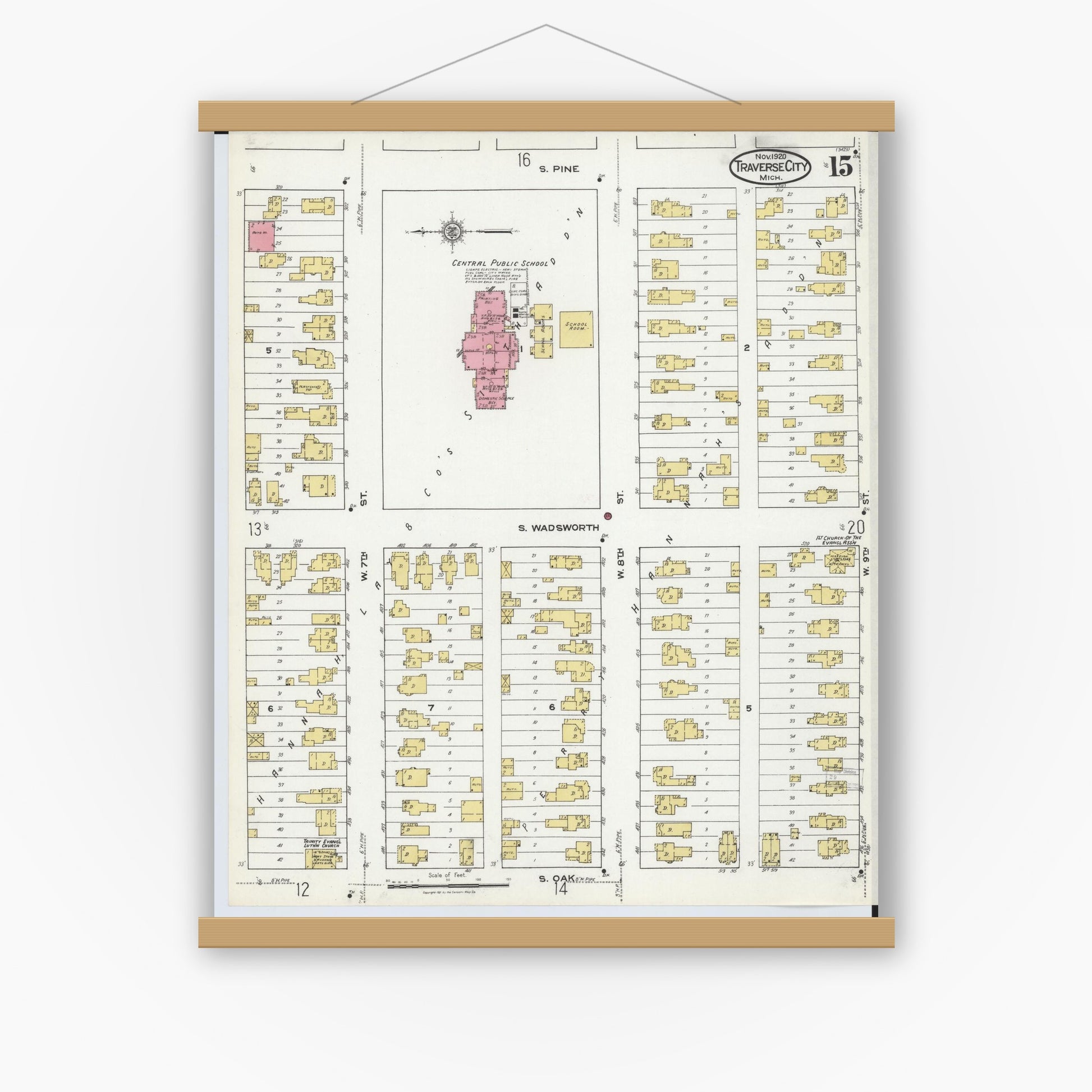 Old map wall art mockup — magnetic wood frame on white wall — Sanborn Fire Insurance Map from Traverse City, Grand Traverse County, Michigan (1920), Sheet #0015