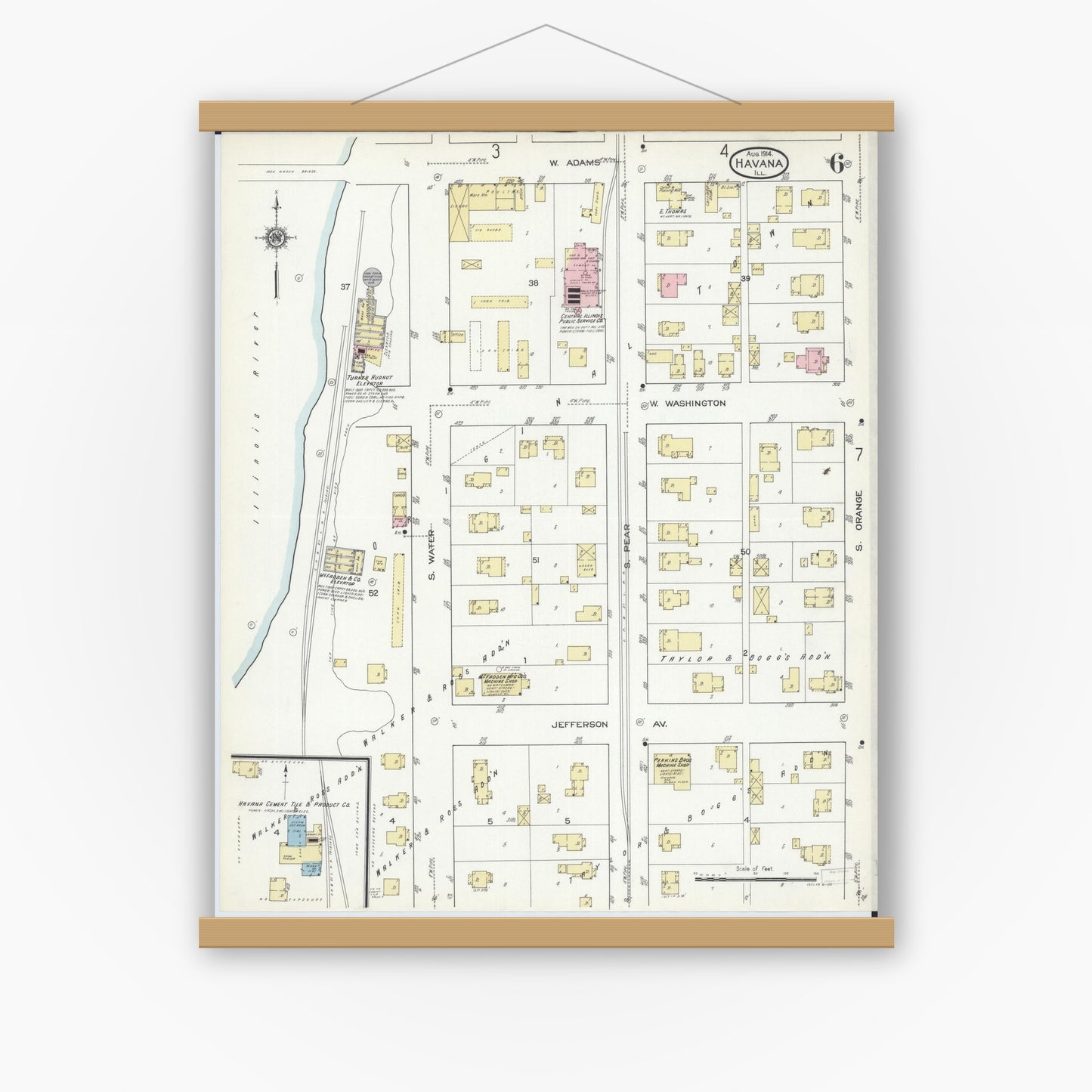 Old map wall art mockup — magnetic wood frame on white wall — Sanborn Fire Insurance Map from Havana, Mason County, Illinois (1914), Sheet #0006
