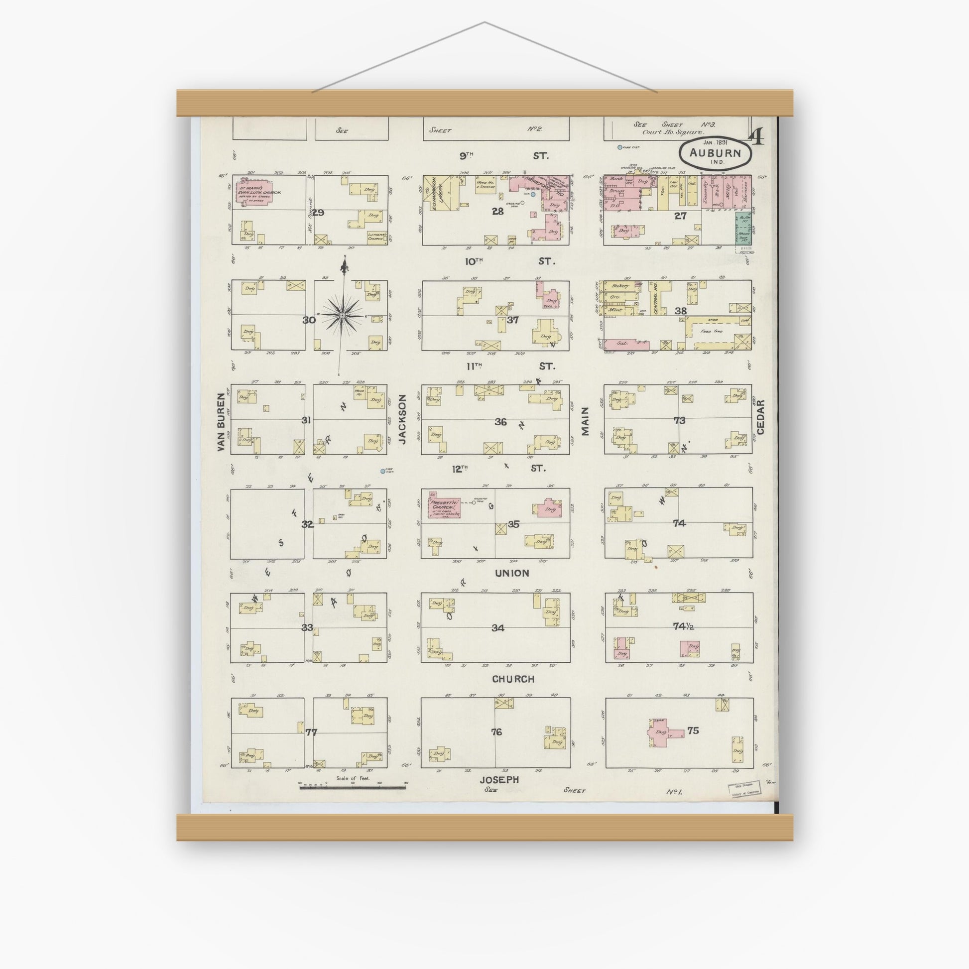 Old map wall art mockup — magnetic wood frame on white wall — Sanborn Fire Insurance Map from Auburn, De Kalb County, Indiana (1891), Sheet #0004