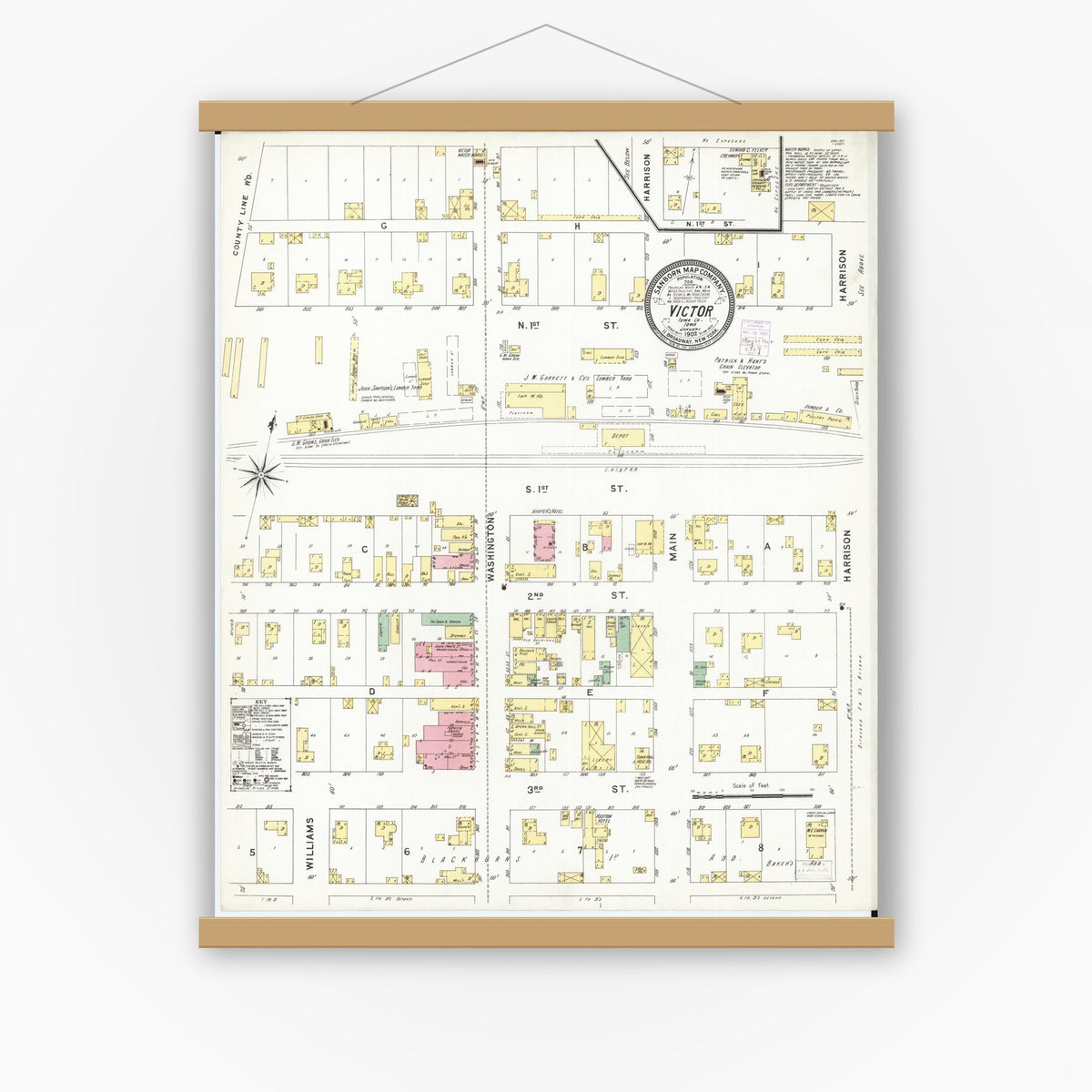Old map wall art mockup — magnetic wood frame on white wall — Sanborn Fire Insurance Map from Victor, Iowa County, Iowa (1902), Sheet #0001