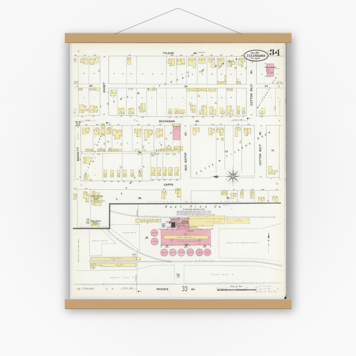 Old map wall art mockup — magnetic wood frame on white wall — Sanborn Fire Insurance Map from Texarkana, Bowie County, Texas (1909), Sheet #0034