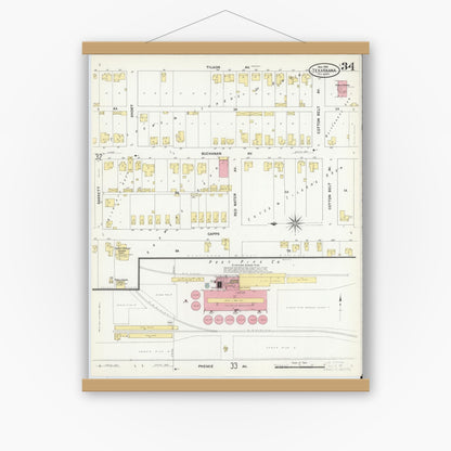 Old map wall art mockup — magnetic wood frame on white wall — Sanborn Fire Insurance Map from Texarkana, Bowie County, Texas (1909), Sheet #0034