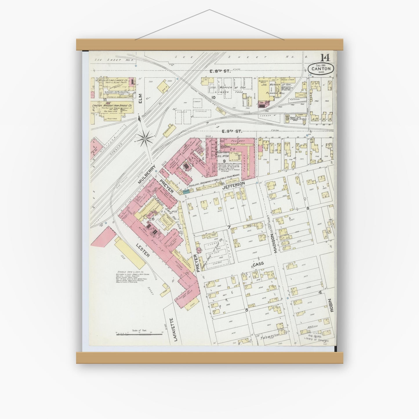 Old map wall art mockup — magnetic wood frame on white wall — Sanborn Fire Insurance Map from Canton, Stark County, Ohio (1891), Sheet #0014