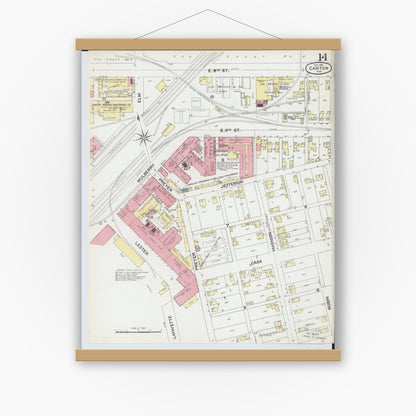 Old map wall art mockup — magnetic wood frame on white wall — Sanborn Fire Insurance Map from Canton, Stark County, Ohio (1891), Sheet #0014