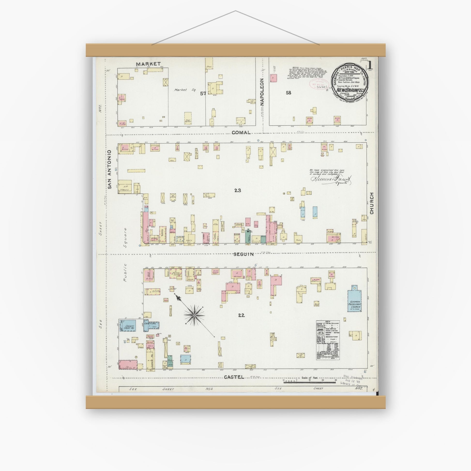 Old map wall art mockup — magnetic wood frame on white wall — Sanborn Fire Insurance Map from New Braunfels, Comal County, Texas (1891), Sheet #0001