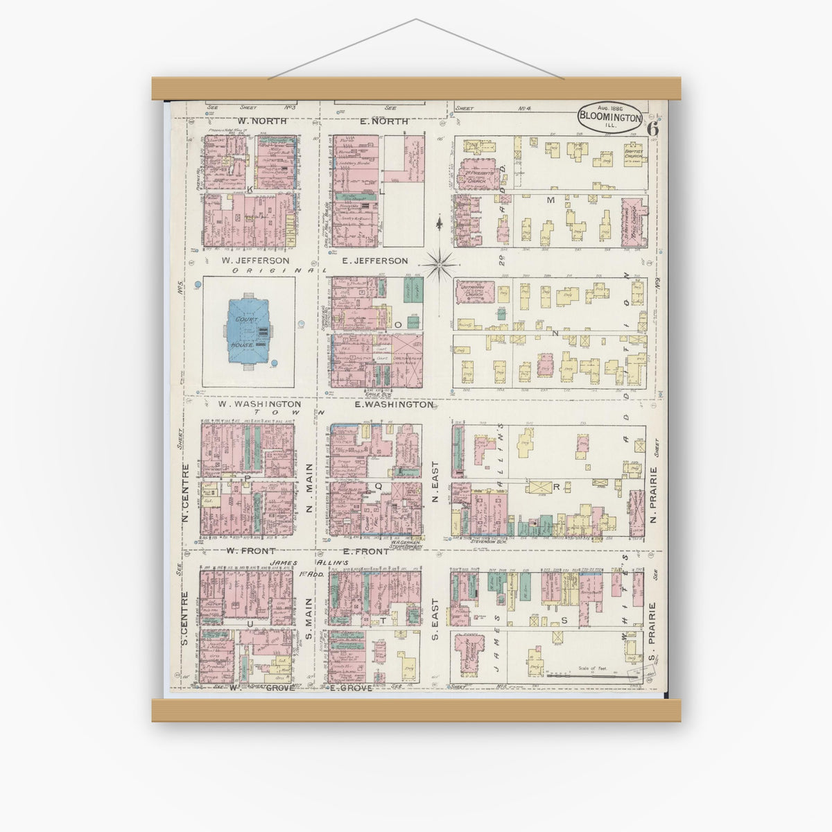 Old map wall art mockup — magnetic wood frame on white wall — Sanborn Fire Insurance Map from Bloomington, McLean County, Illinois (1886), Sheet #0006