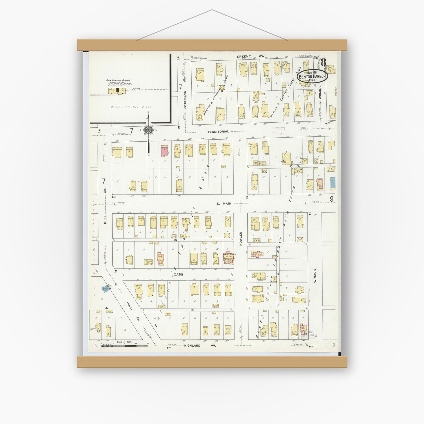 Old map wall art mockup — magnetic wood frame on white wall — Sanborn Fire Insurance Map from Benton Harbor, Berrien County, Michigan (1911), Sheet #0008
