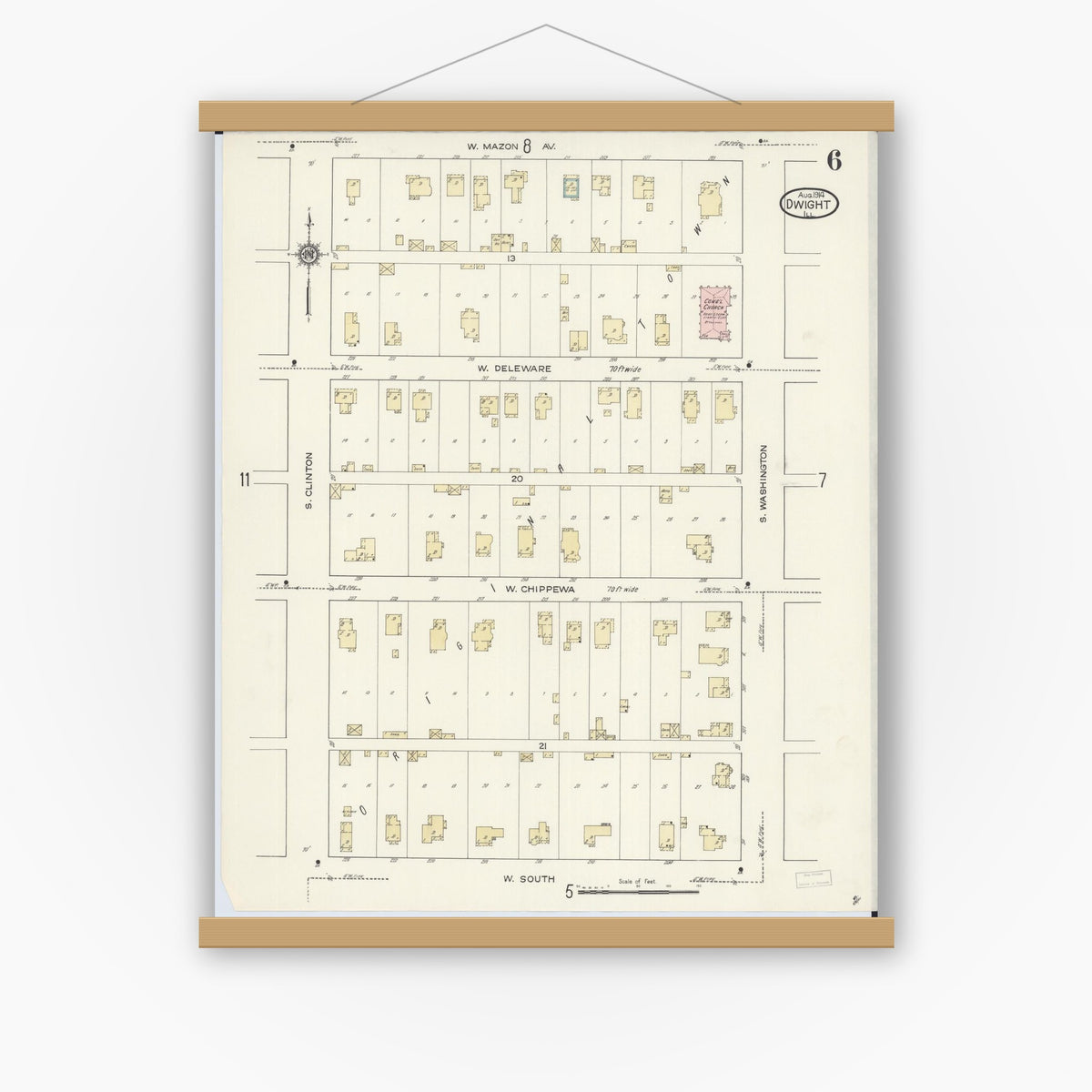 Old map wall art mockup — magnetic wood frame on white wall — Sanborn Fire Insurance Map from Dwight, Livingston County, Illinois (1914), Sheet #0006