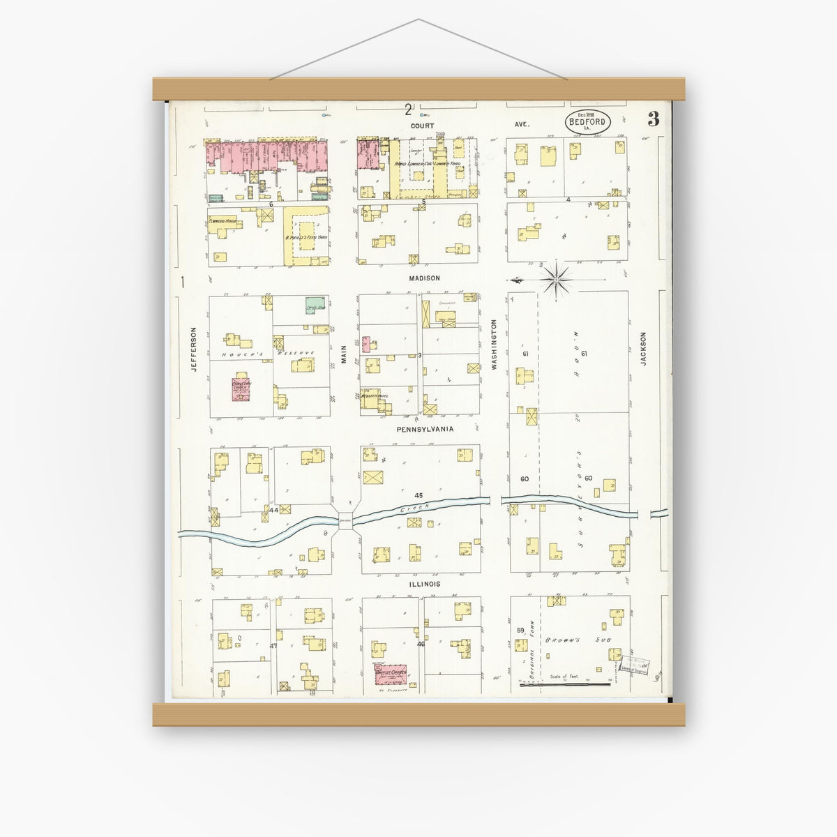Old map wall art mockup — magnetic wood frame on white wall — Sanborn Fire Insurance Map from Bedford, Taylor County, Iowa (1898), Sheet #0003