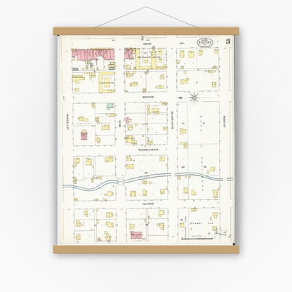 Old map wall art mockup — magnetic wood frame on white wall — Sanborn Fire Insurance Map from Bedford, Taylor County, Iowa (1898), Sheet #0003