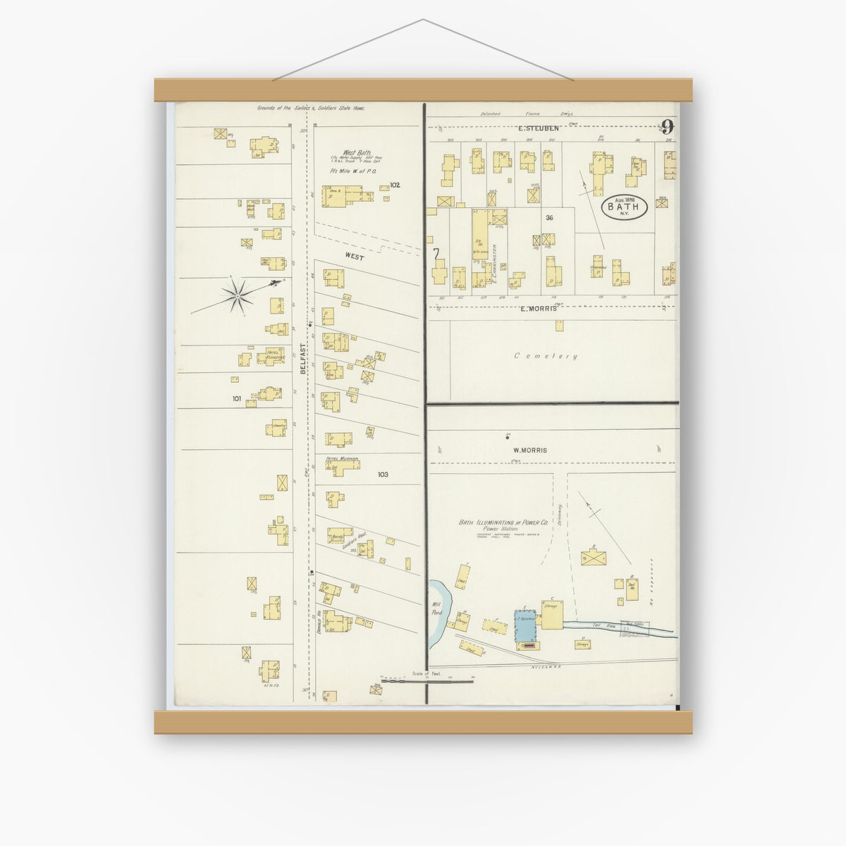 Old map wall art mockup — magnetic wood frame on white wall — Sanborn Fire Insurance Map from Bath, Steuben County, New York (1898), Sheet #0009