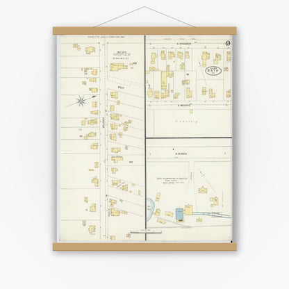 Old map wall art mockup — magnetic wood frame on white wall — Sanborn Fire Insurance Map from Bath, Steuben County, New York (1898), Sheet #0009