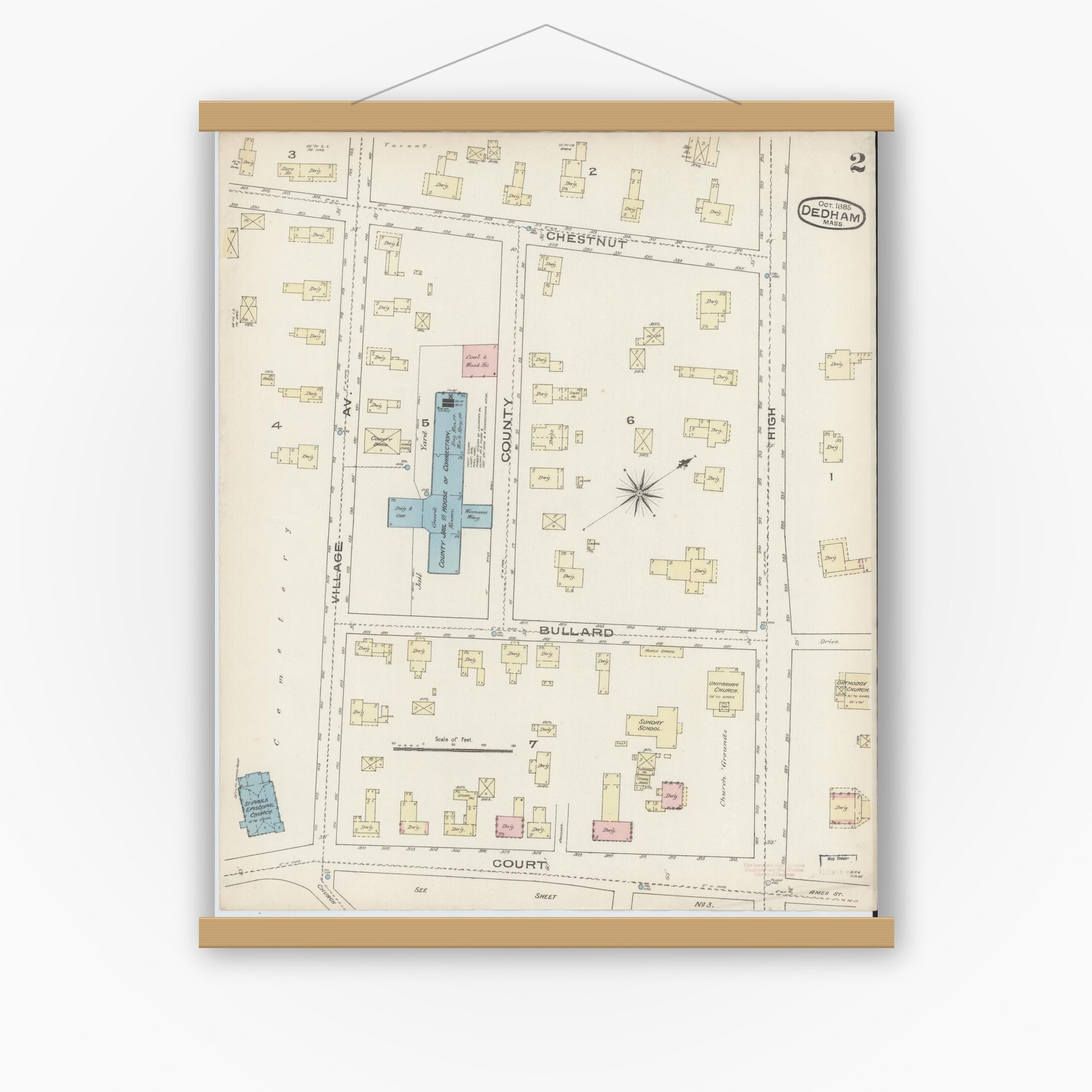 Old map wall art mockup — magnetic wood frame on white wall — Sanborn Fire Insurance Map from Dedham, Norfolk County, Massachusetts (1885), Sheet #0002