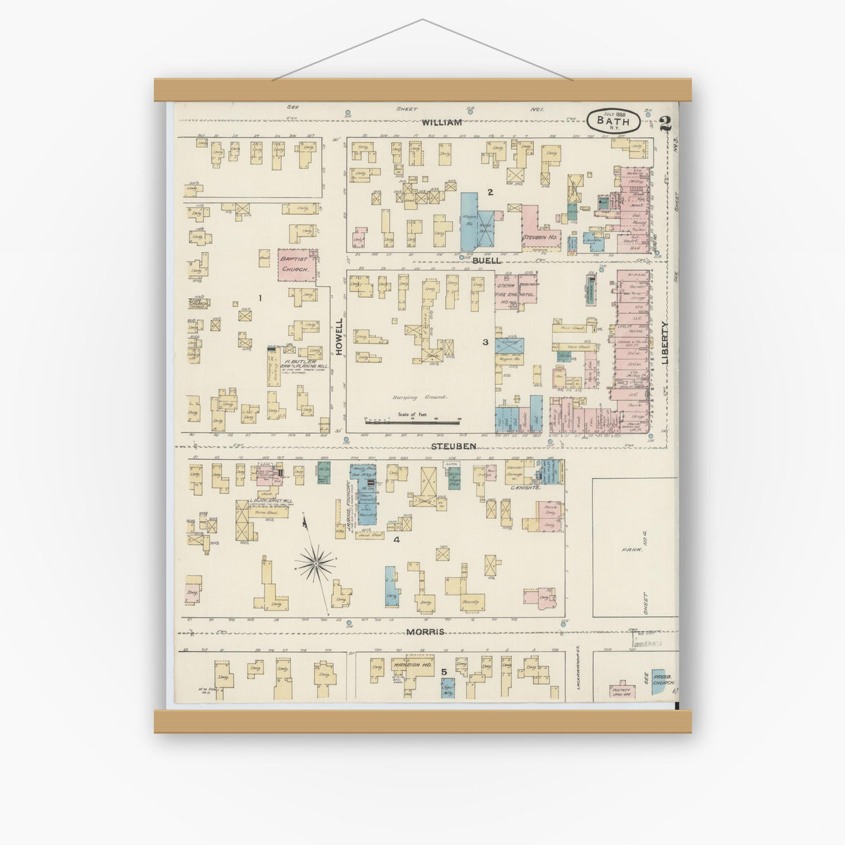 Old map wall art mockup — magnetic wood frame on white wall — Sanborn Fire Insurance Map from Bath, Steuben County, New York (1888), Sheet #0002
