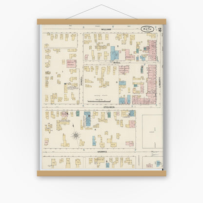 Old map wall art mockup — magnetic wood frame on white wall — Sanborn Fire Insurance Map from Bath, Steuben County, New York (1888), Sheet #0002