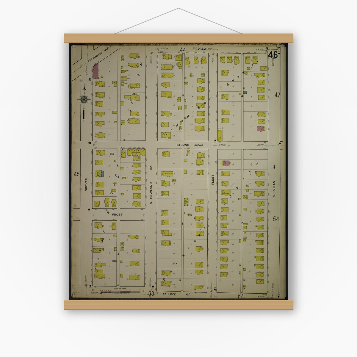 Old map wall art mockup — magnetic wood frame on white wall — Sanborn Fire Insurance Map from Kenosha, Kenosha County, Wisconsin. (1918), Sheet 50