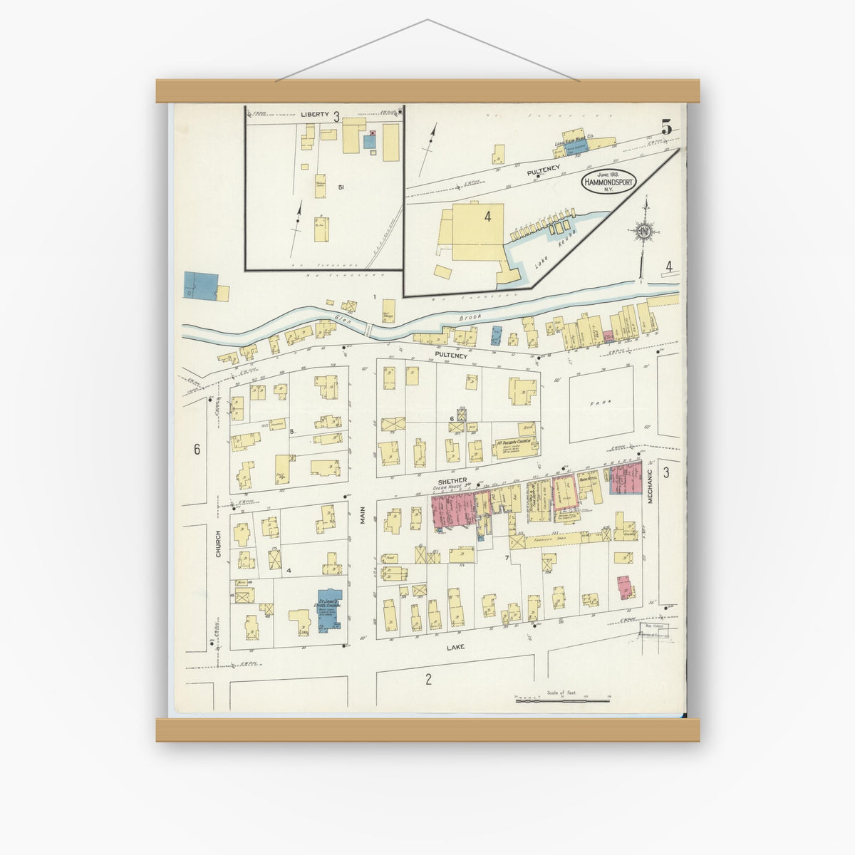 Old map wall art mockup — magnetic wood frame on white wall — Sanborn Fire Insurance Map from Hammondsport, Steuben County, New York (1913), Sheet #0005