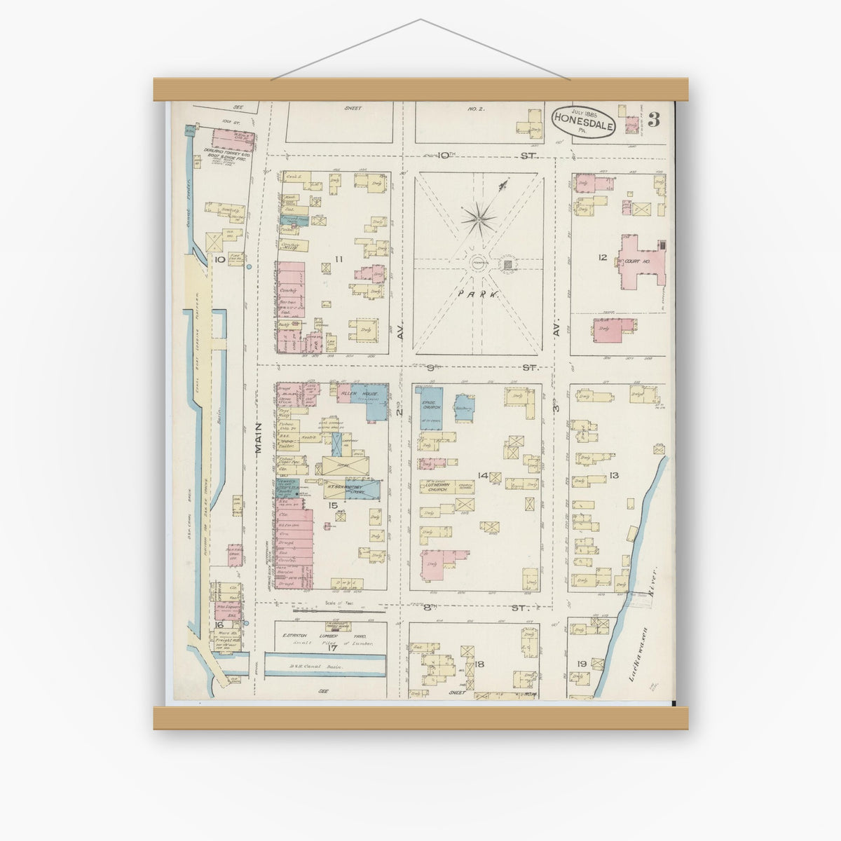 Old map wall art mockup — magnetic wood frame on white wall — Sanborn Fire Insurance Map from Honesdale, Wayne County, Pennsylvania (1885), Sheet #0003